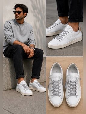 P448 Men’s White Gray Leather Sneakers Lace-Up Luxury Italian Shoes Size 42